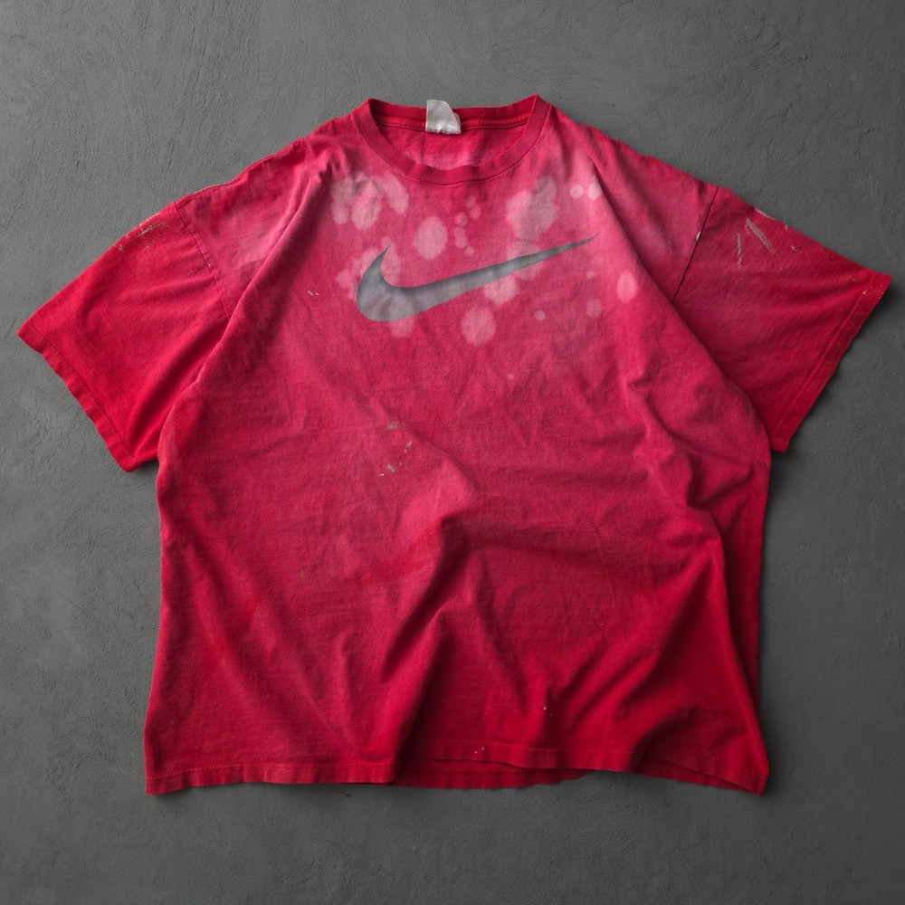 Vintage 90s Nike Red T-shirt XXL Distressed Bleach Stained Swoosh
